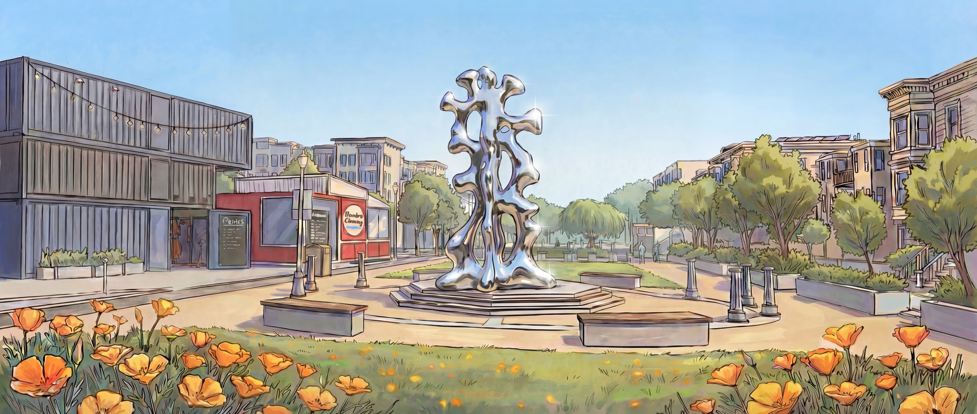 Hayes Valley illustration with California poppies